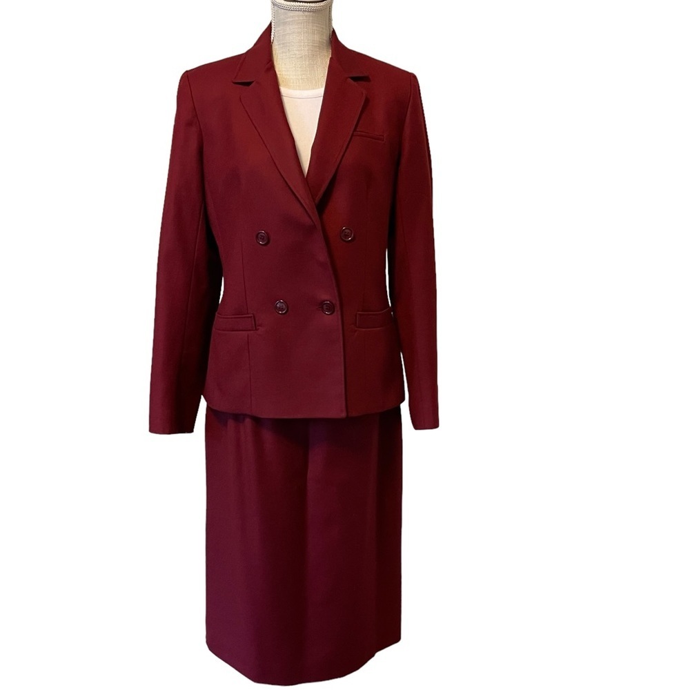 Vintage Larry Levine Wool Maroon Double-Breasted Blazer 2 Pieces Skirt Suit
